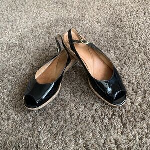 Clarks Artisan Orlena Black Patent Leather Peep Toe Sandals Sz.9 Slingback Shoes
